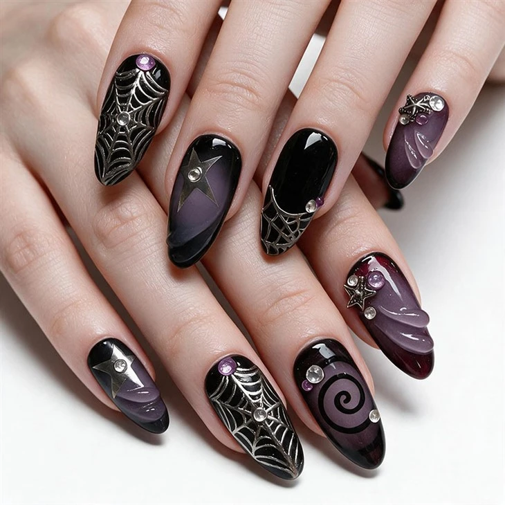 3D Gothic Star Spiderweb Press On Nails